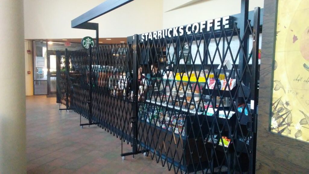 portable security gates securing coffee kiosk